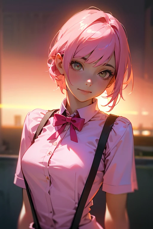 (8K, Raw photo, highest quality, masterpiece), ultra high resolution, (realistic, photo-realistic), 1 girl, emotionless, alone, pink hair, yellow eyes, professional lighting, detailed lighting, Backlight, written boundary depth, Natural light, sharp focus, Focusing distance: 2 meters, professional photography, fine eyes, realistic eyes, detailed shadow, CG game, cosplay, pink clothes with arm ring,  suspenders, Upper body, pink clothes, medium breasts、smile、