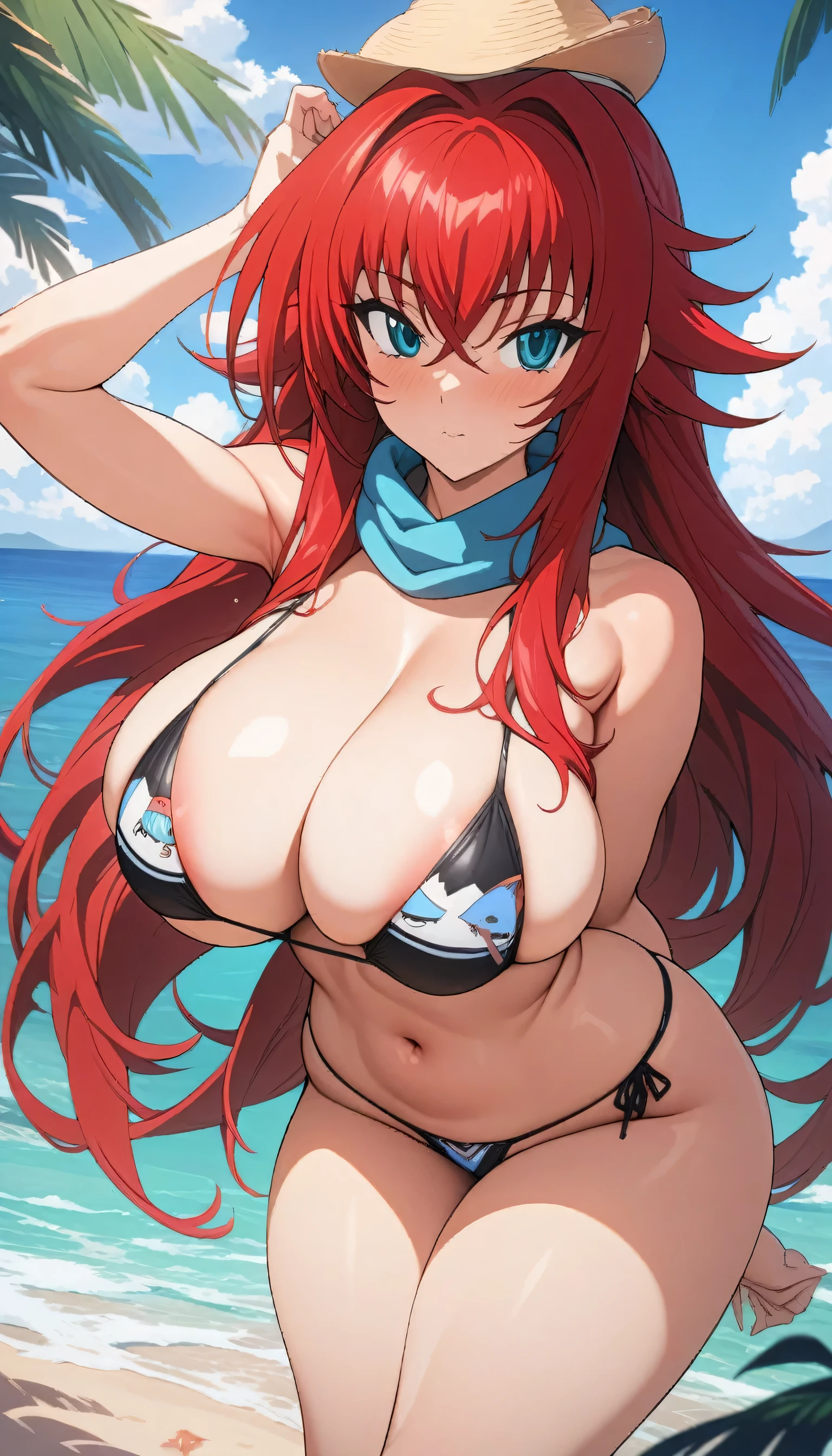 (((masterpiece))),16k,best quality, illustration,1girl, Rias Gremory, Character from High school DXD, Summer time, om beach, Ocean, Red Hair ,beautiful face,scarf,paper_cut,nsfw, (detailed), perfect face, anime - style image of a woman in a bikini with hat on her head, seductive anime girl, oppai, beautiful alluring anime woman, Rias Gremory, big oppai, oppai proportions, attractive anime girl, [ 4 k digital art ]!!, , thicc, beautiful anime woman, ecchi, detailed digital anime art, detailed eyes.