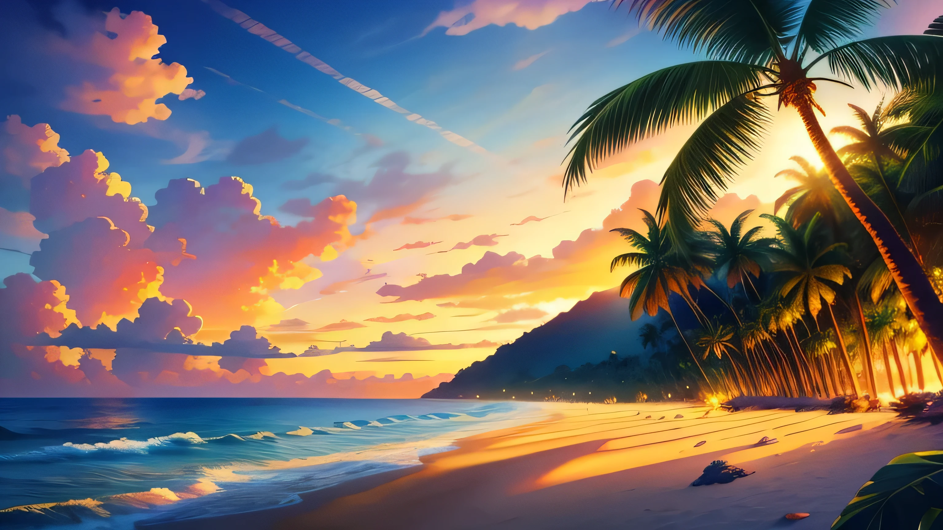 masterpiece, highest quality, Sunny beach, Vibrant tropical landscape with rolling palm trees, realistic, photo shoot, Sunny, twilight, Tropical Jungle, High resolution, flower, cinematic lighting