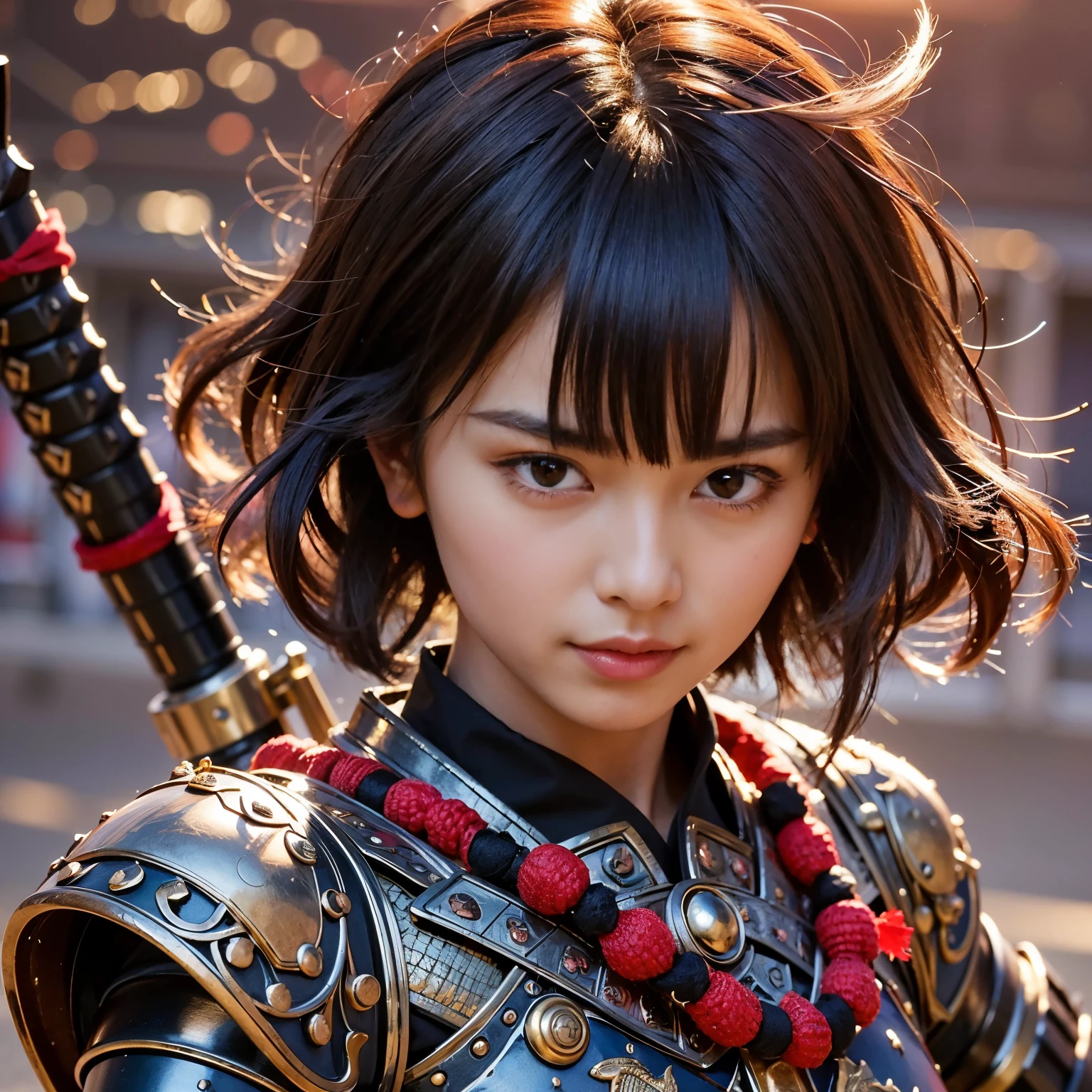 (best quality,highres,masterpiece:1.2),ultra-detailed,realistic,photorealistic:1.37,extremely cute girl, Japanese samurai,armored warrior,black hair,bowl cut,dynamic pose,traditional attire,heavy armor,sharp katana,fierce expression,vivid colors,strong shadows,studio lighting,fine details,authentic texture,Japan influence,serious gaze,warrior spirit,ornate armor,meticulous craftsmanship,noble stance,stoic face,martial arts expertise,ancient warrior,stoic demeanor,menacing presence,battle scene,vibrant red accents,dramatic composition,contrasting colors,graceful movement,majestic atmosphere,impressive background,glowing sunset,serene landscape.