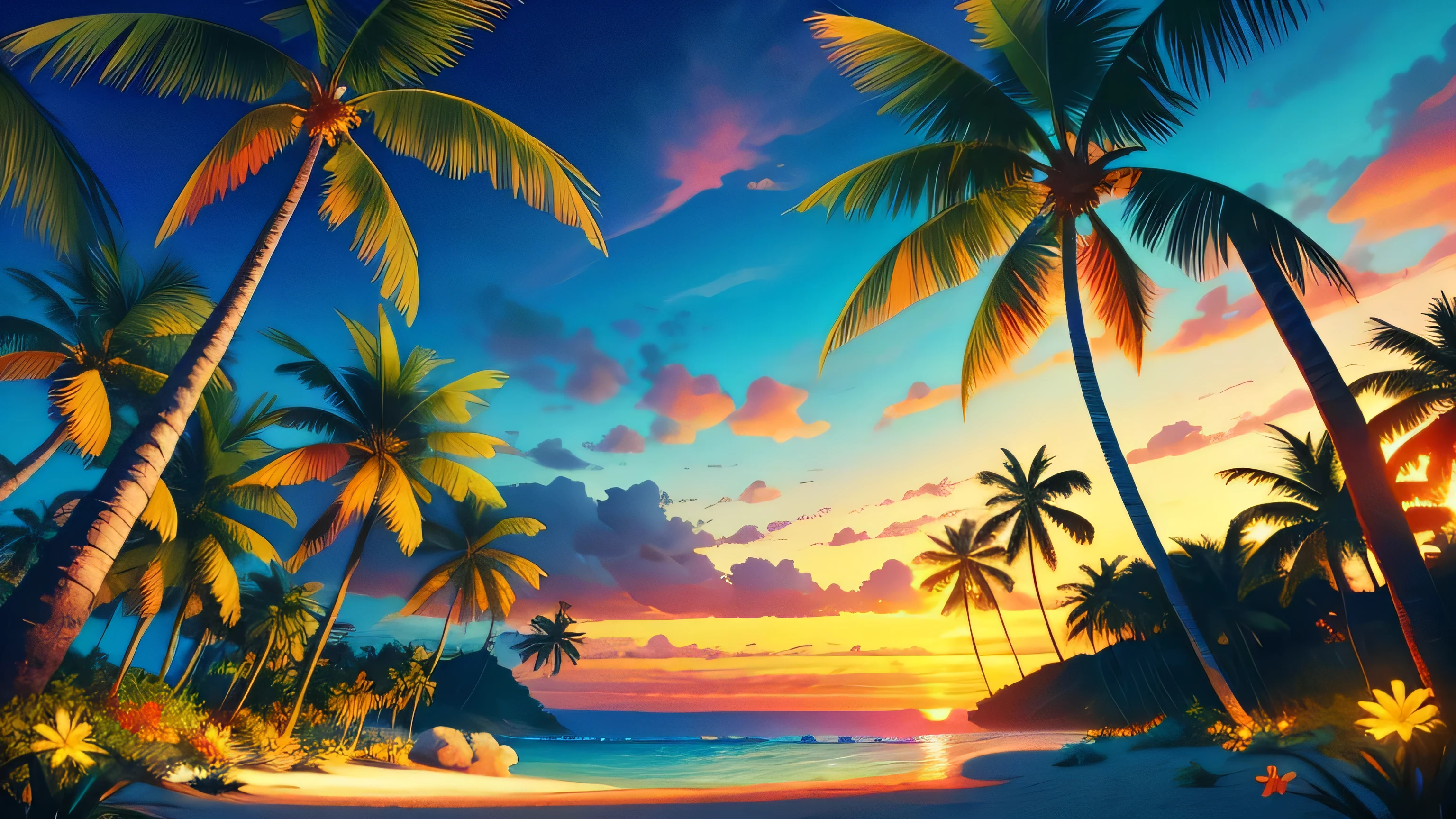 masterpiece, highest quality, Sunny beach, Vibrant tropical landscape with rolling palm trees, realistic, photo shoot, Sunny, twilight, Tropical Jungle, High resolution, flower, cinematic lighting