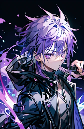 fantasy anime man wearing a black jacket and carrying a black baseball bat and giving off a blue light. emitting a purple aura. with gray hair while holding out his hand