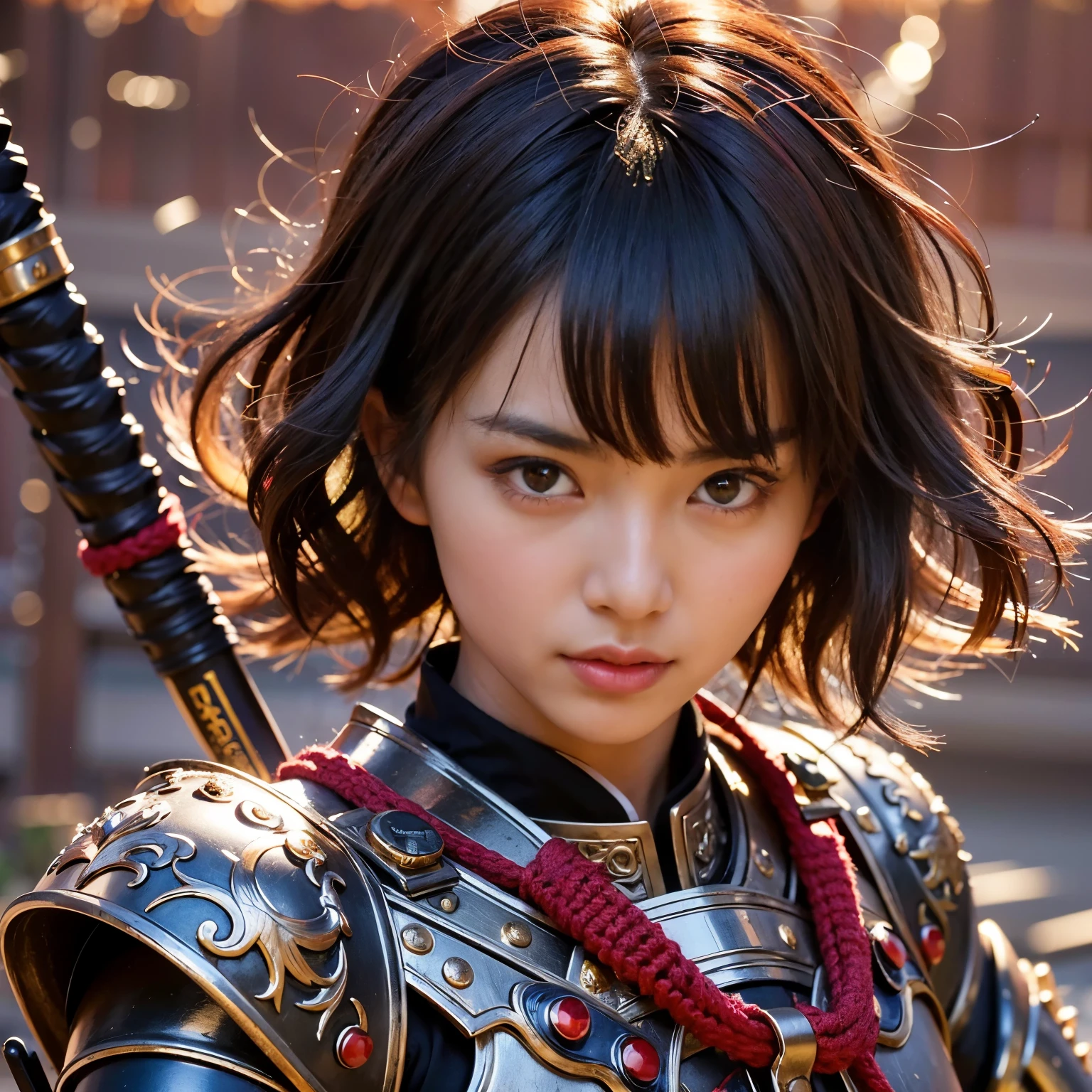 (best quality,highres,masterpiece:1.2),ultra-detailed,realistic,photorealistic:1.37,extremely cute girl, Japanese samurai,armored warrior,black hair,bowl cut,dynamic pose,traditional attire,heavy armor,sharp katana,fierce expression,vivid colors,strong shadows,studio lighting,fine details,authentic texture,Japan influence,serious gaze,warrior spirit,ornate armor,meticulous craftsmanship,noble stance,stoic face,martial arts expertise,ancient warrior,stoic demeanor,menacing presence,battle scene,vibrant red accents,dramatic composition,contrasting colors,graceful movement,majestic atmosphere,impressive background,glowing sunset,serene landscape.