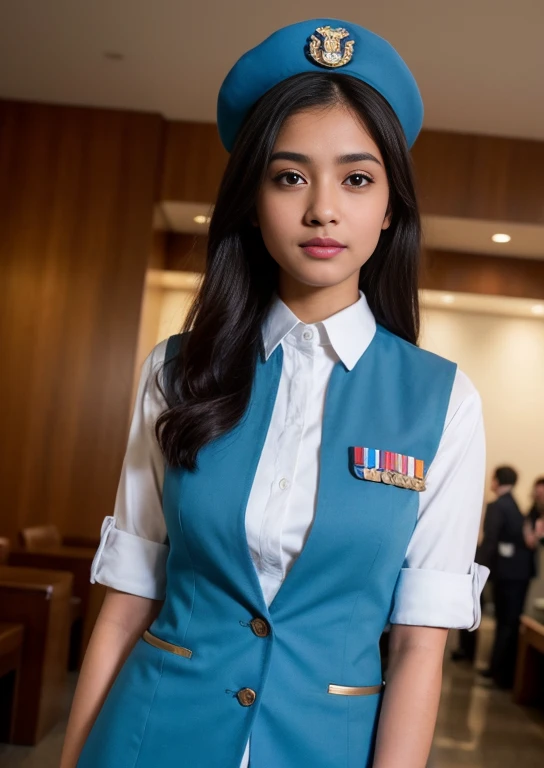 Full body Photo of 22 year old cute indian lady,airport lounge area, confident happy look on face, expression of achievement, big smile, blue coat, flags and badges on uniform, hair bun under cap, ((wearing blue airhostess uniform, white shirt, blue airhostess cap, perfect makeup )). Dress modestly, RAW, beautiful woman, amzing hair ,brown-green eyes, ((portrait)), (Detailed face: 1.2)), (Detailed facial features)), (Fine skin), indian pale skin, normal lips colour, perfect face, beautiful face, high detail, slim body, (cold color), wet, moist, reflection, (masterpiece) ( Perfect proportions) (realistic photos) (highest quality) (detail) shot with Canon EOS R5, 50mm lens, f/2.8, HDR, (8k) (wallpaper) (movie lighting) (dramatic lighting) (sharp focus) (complex) fashion, full body shot.
