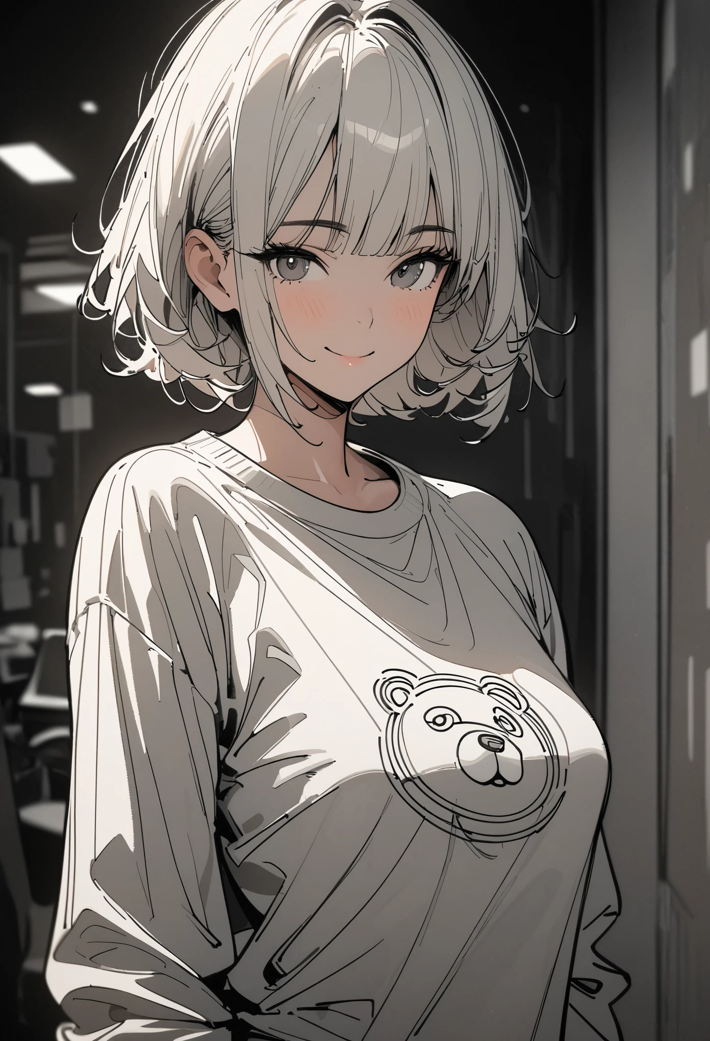 sketch,Comic Line Art,black and white line drawing,Black and White,Office Secretary,short hair,Qi bangs,Bear pattern sweatshirt,Smile,bust,Clear and smooth lines,8k,masterpiece