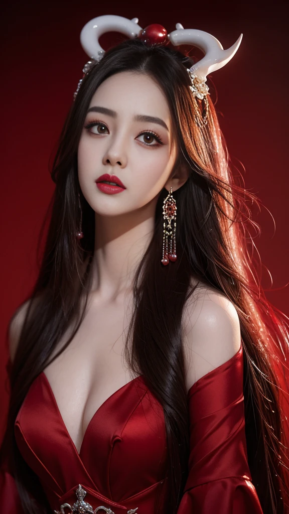 beautiful Dilraba Dilmurat, colorful crimson blood shower, angry succubus cosplay, photorealistic, close up, fashion designer, voluptous, cleavage, respledent ashen skull pearls, baroque, in the style of Victor Ngai