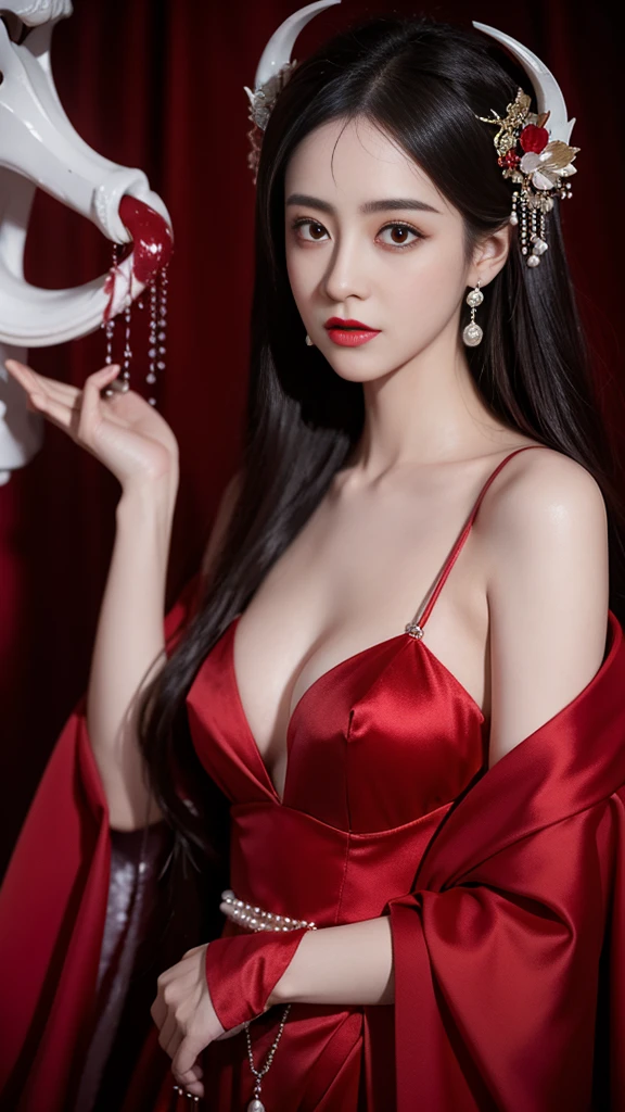 beautiful Dilraba Dilmurat, colorful crimson blood shower, angry succubus cosplay, photorealistic, close up, fashion designer, voluptous, cleavage, respledent ashen skull pearls, baroque, in the style of Victor Ngai