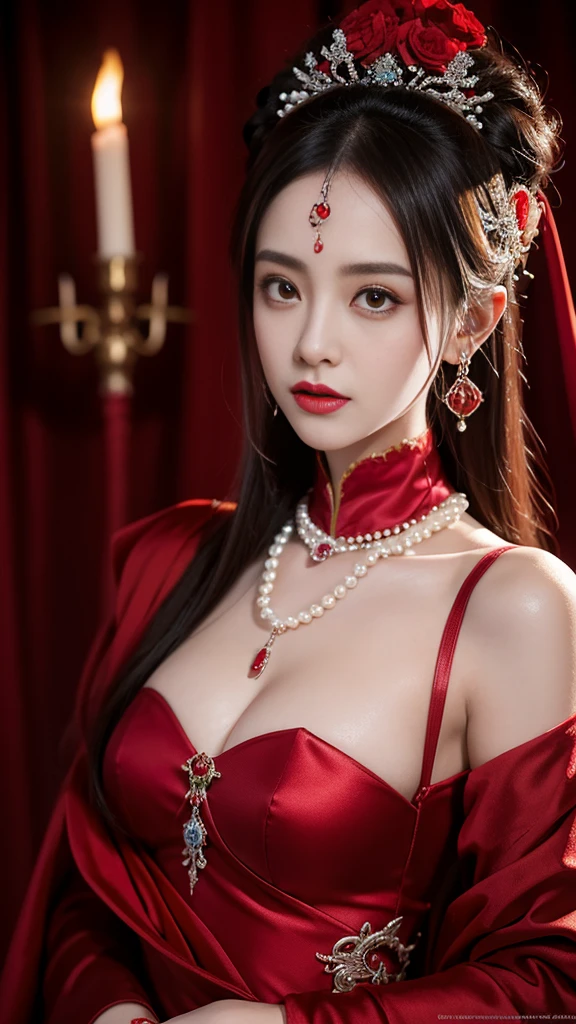 beautiful Dilraba Dilmurat, colorful crimson blood shower, angry succubus cosplay, photorealistic, close up, fashion designer, voluptous, cleavage, respledent ashen skull pearls, baroque, in the style of Victor Ngai