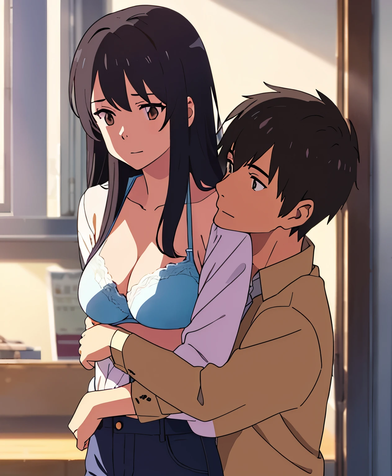shinkai makoto, kimi no na wa., 1middle age man, wrinkle face, black hair,bangs swept to the right side, office suit, middle aged man caressing girl's body, kiss cheeks, passionate hug, boy is hugging from behind, chestgrope from behind, middle aged man is touchig girl's chest, hold chest, 1girl, bangs, black hair, brown eyes, Twisted Half Up Hair, red ribbon, long hair, yellow collared shirt, open shirt, off shoulders,unbuttoned shirt, pink bra, cleavage, breast, medium breast, blue pants, storage room, indoors, masterpiece, perfect anatomy, cowboyshot