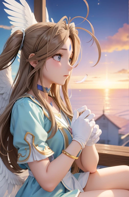 (masterpiece), highest quality, High resolution, Belldandy, long hair, blue eyes, brown hair, traces of face, Forehead mark, gloves, wing, choker, bracelet, ring, feather, angel wing, side view:0.6, (for rest:1.1), stand, 20-year-old