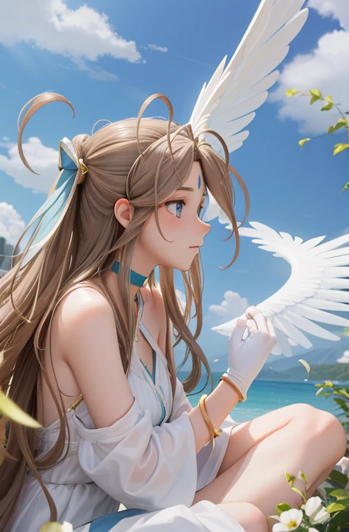 (masterpiece), highest quality, High resolution, Belldandy, long hair, blue eyes, brown hair, traces of face, Forehead mark, gloves, wing, choker, bracelet, ring, feather, angel wing, side view:0.6, (for rest:1.1), stand, 20-year-old