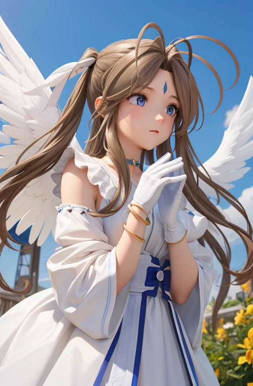 (masterpiece), highest quality, High resolution, Belldandy, long hair, blue eyes, brown hair, traces of face, Forehead mark, gloves, wing, choker, bracelet, ring, feather, angel wing, side view:0.6, (for rest:1.1), stand, 20-year-old