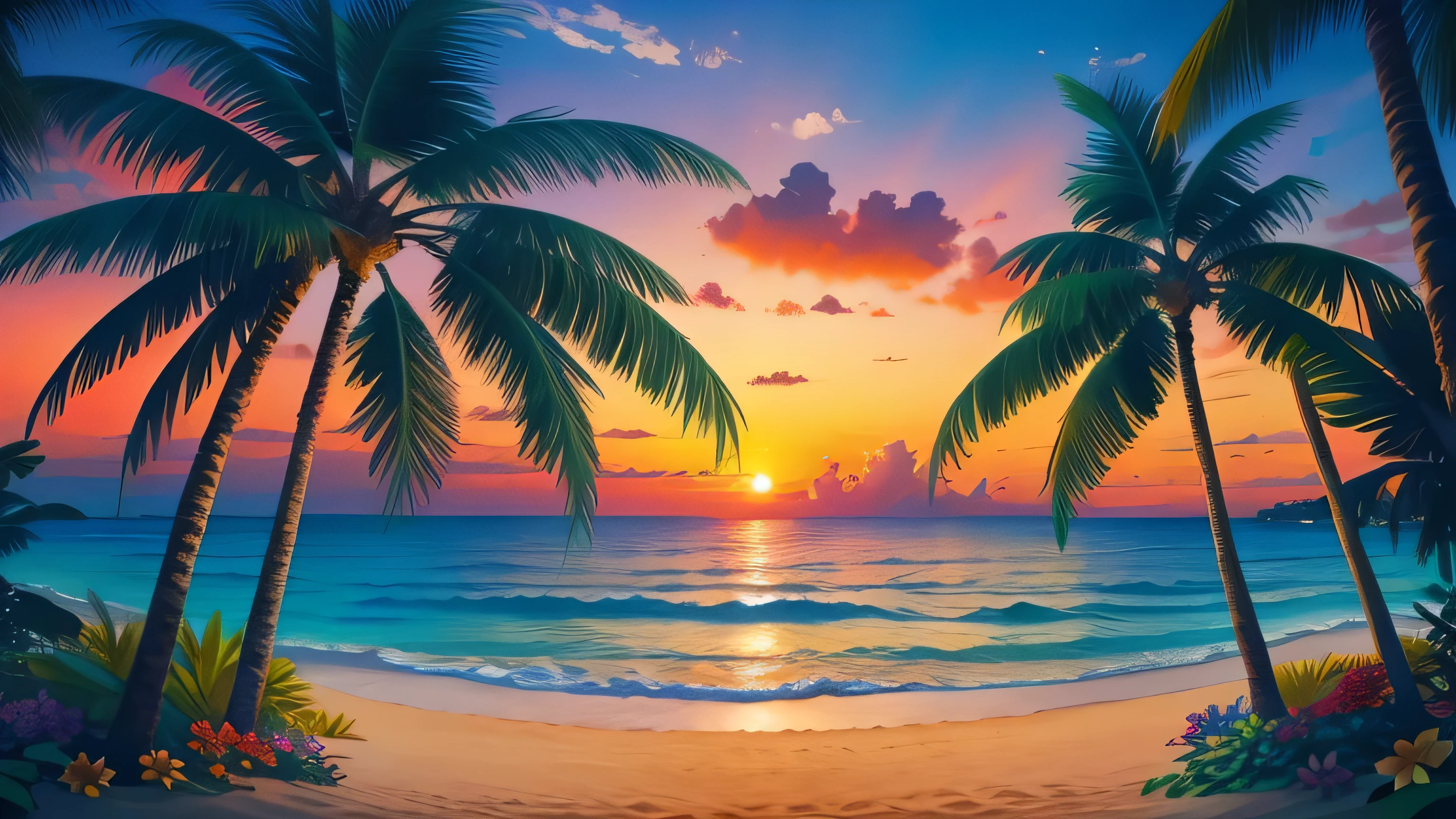 masterpiece, highest quality, Sunny beach, Vibrant tropical landscape with rolling palm trees, realistic, photo shoot, Sunny, twilight, Tropical Jungle, High resolution, flower, cinematic lighting
