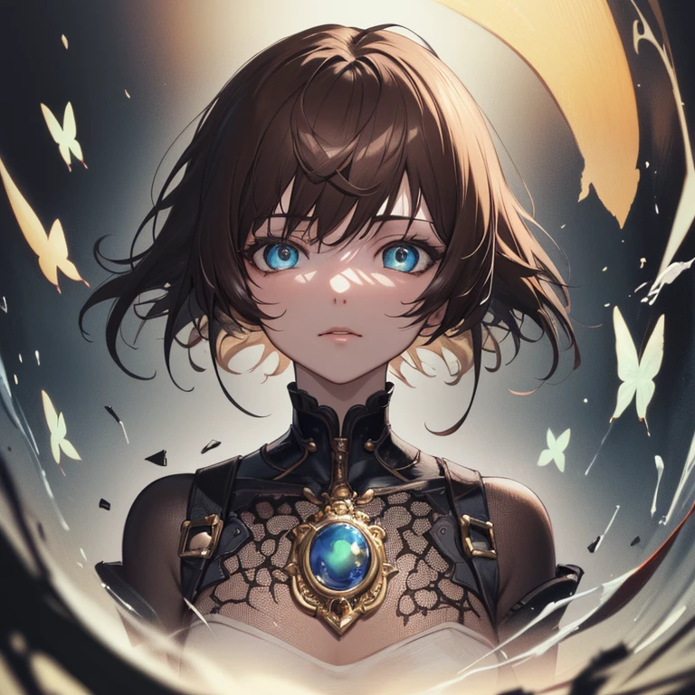 8k portrait of beautiful cyborg with brown hair, intricate, elegant, highly detailed, majestic, digital photography, art by artgerm and ruan jia and greg rutkowski surreal painting gold butterfly filigree, broken glass, (masterpiece, sidelighting, finely detailed beautiful eyes: 1.2), hdr,