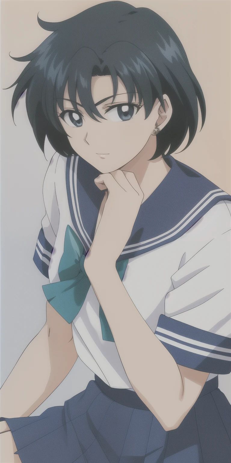 anime boy、solo、短いgreen髪、greenい瞳、school uniform_green_sailor collar_green_pleated skirt_white_shirt__red_bowtie_short sleeve、masterpiece、highest quality、detailed face、fine eyes、High resolution、male focus、