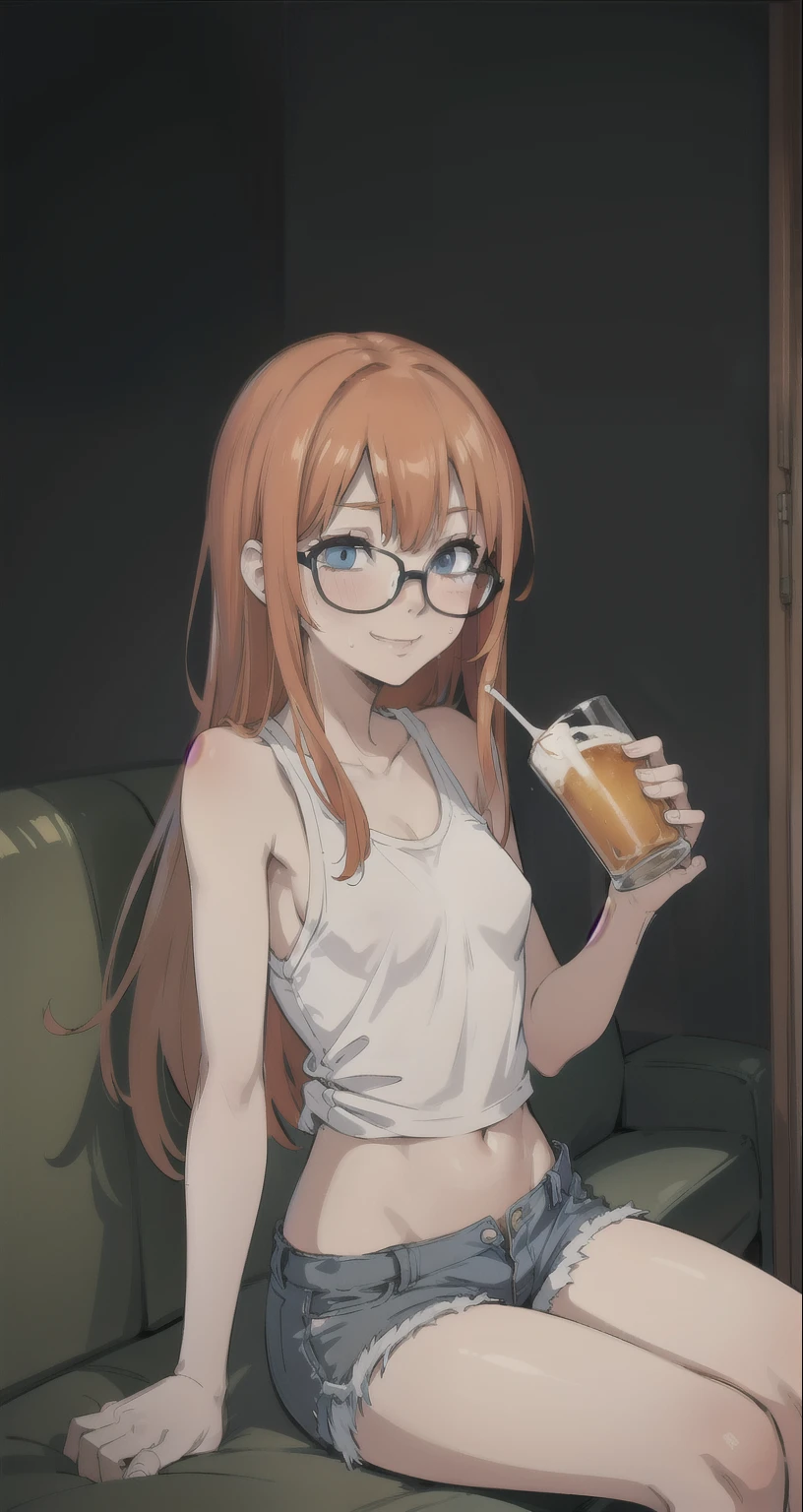 { masterpiece : best quality : high resolution : unity 8k wallpaper : illustration } { Background = inside a creepy room } { long orange hair hair : glasses : con : perfect slender body : perfect small shape breast : drunk smile : drinking : holding a beer with blue liquid : drunk expression : blush : sweating : white tanktop and blue shorts : sitting on sofa }