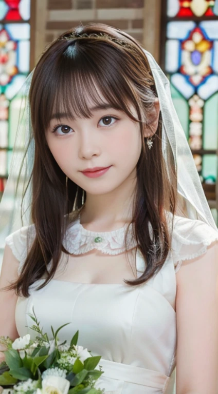 (highest quality,masterpiece:1.3,ultra high resolution,),(Super detailed,caustics),(Photoreal:1.4,RAW shooting,)ultra-realistic capture,very detailed,High resolution 16K human skin close-up。 natural skin texture、,The pores are、、、Must be detailed enough to be easily identified。 Skin should look even-toned and healthy。 Use natural light and color,1 girl,Japanese,cute,22 years ago,cry or laugh,Natural brown hair,half up,medium sized breasts,wedding veil,pure white wedding dress,holding a bouquet,stand upright,look at the cameraください,chapel,(Stained glass),Overflowing with light,(Front view),Front view,cowboy shot,natural soft light、look at the camera