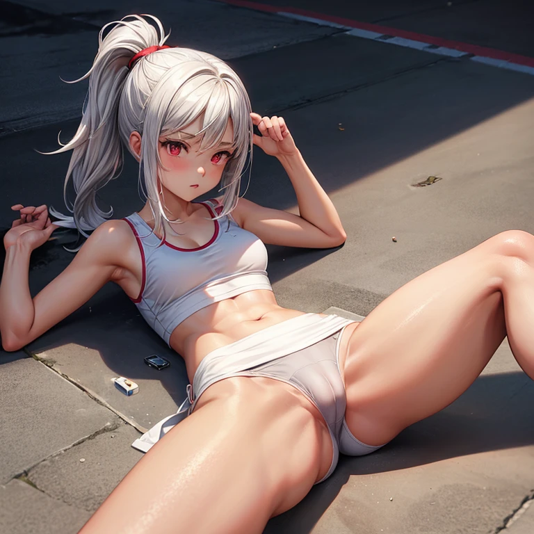 , school girl, sports bra, short , ponytail, fit clothes, red eyes, silver hair, camel toe,Lying with legs spread, Translucent dress,