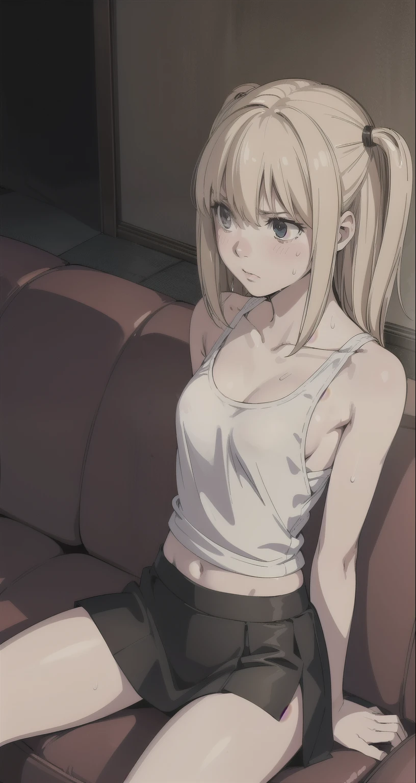 { masterpiece : best quality : high resolution : unity 8k wallpaper : illustration } { Background = inside a creepy room } {  Misa Amane  : perfect slender body : perfect small shape breast :  serious : drunk expression : blush : sweating : white tanktop and black skirt : sitting on sofa }