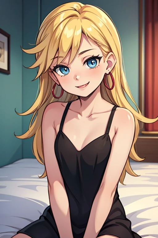 masterpiece, best quality, solo, 1 girl, psgpanty, black dress, blue eyes, long hair, blonde hair, hoop earrings, upper body, collarbone, little sleeveless black dress, parody, indoors, smile, being seductive, sitting on her bed