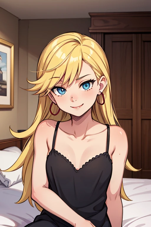 masterpiece, best quality, solo, 1 girl, psgpanty, black dress, blue eyes, long hair, blonde hair, hoop earrings, upper body, collarbone, little sleeveless black dress, parody, indoors, smile, being seductive, sitting on her bed