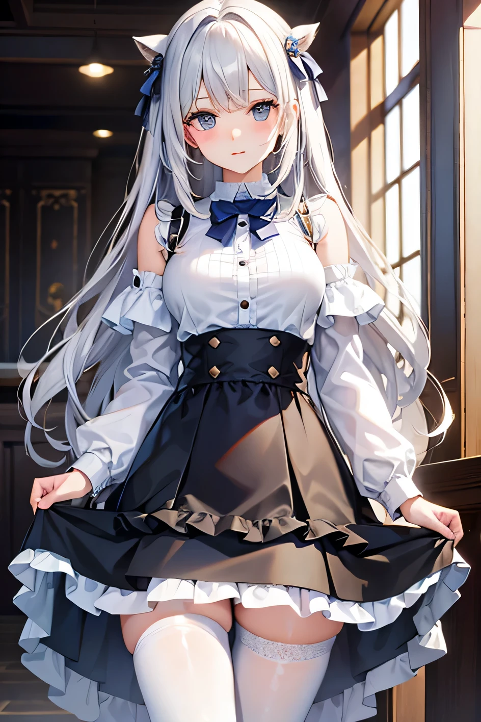 best quality, 32k, original photo, Extremely ridiculous, Very detailed, fine texture, lovely woman, (Fluffy layered side-blown flowing shiny medium-length hair), Wearing a fluffy plush knitted sweater, puffy skirt, skirt lift, pantyhose, fluffy boots, Excellent body proportions, background soft colors