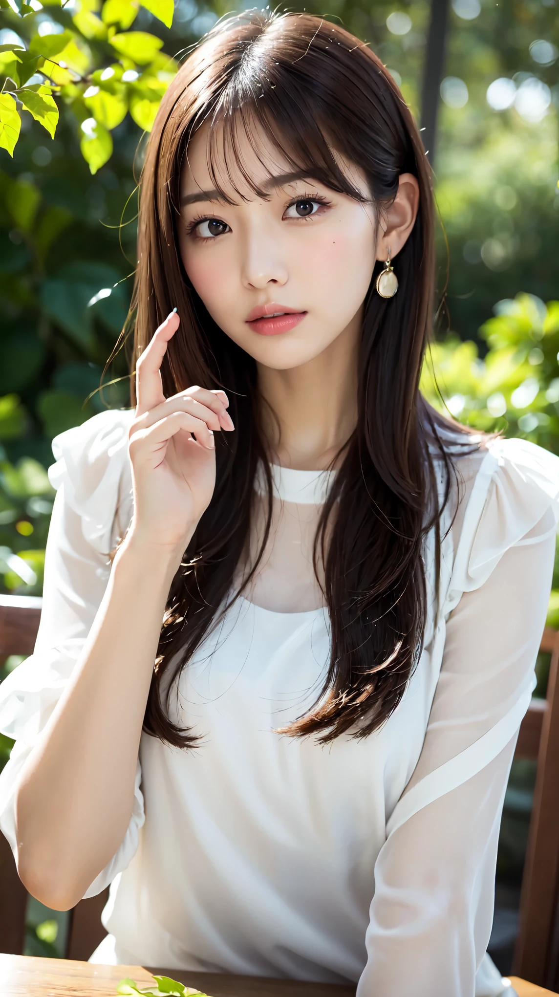 1 female, close up of face, Medium chest, light brown hair, dull bangs, hair behind the ear, shoulder hair, long hair, slender body shape, Extra-fine face, thin face, delicate lips, beautiful eyes, light blush, eyes are light brown, perfect shiny skin, perfect skin, Shining sweat,take a look here, ultra thin hands, extra thin fingers, Optimal ratio of 4 fingers and 1 thumb, (realistic:1.3), finger extension, see-through white blouse. broad-leaved forest, one person&#39;point of view, fujifilm, f/1.2, 8K, table top, nffsw, Super detailed, high quality, 最high quality, High resolution,