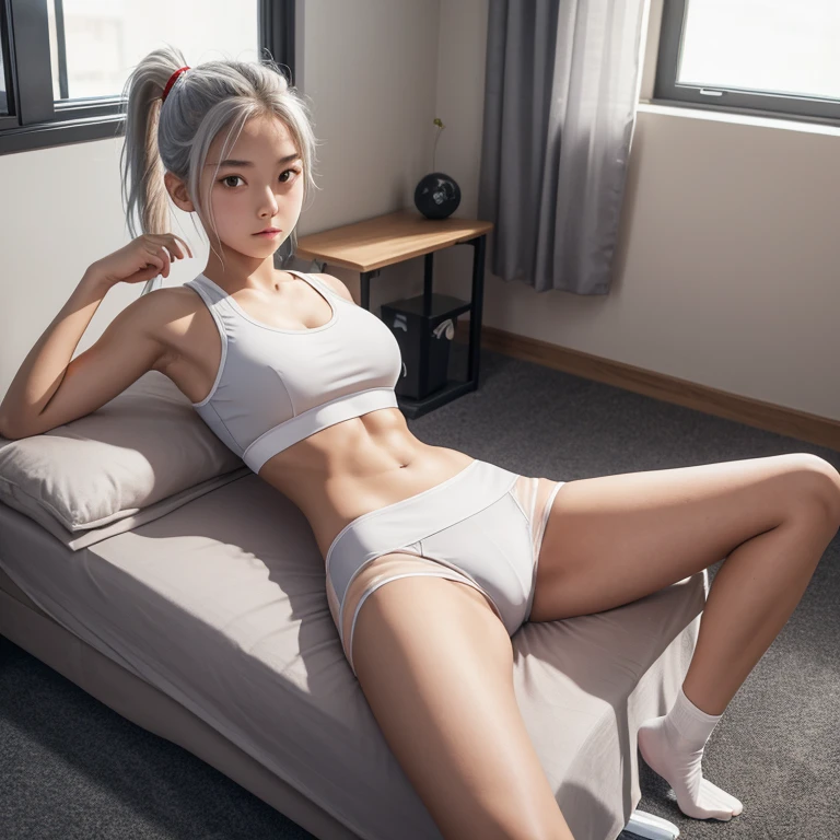, school girl, sports bra, short , ponytail, fit clothes, red eyes, silver hair, camel toe,Lying with legs spread, Translucent dress,