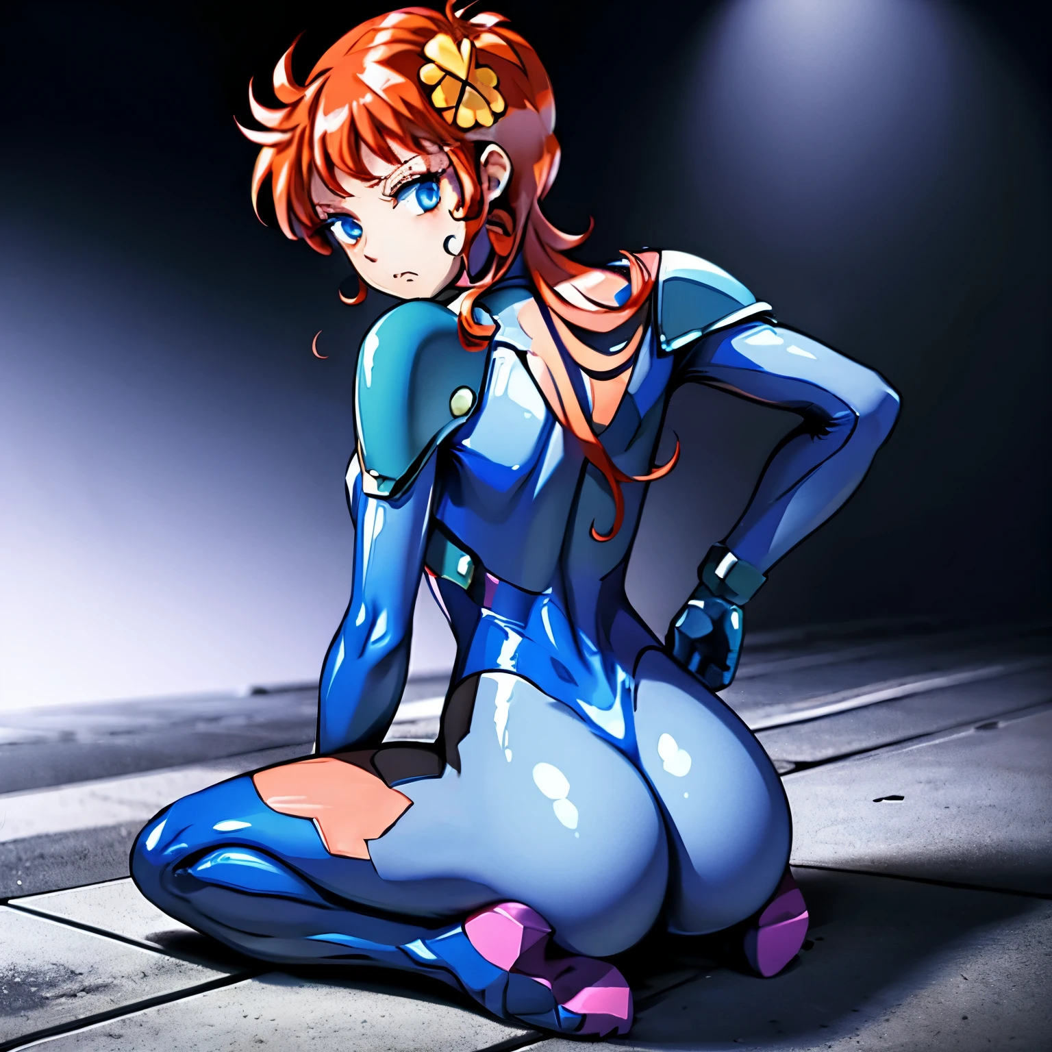 ultra-detailed, Explicit, Beautiful body, Beautiful Nose, Beautiful character design, perfect eyes, perfect face, ultra highres, 4K, beautiful legs, perfect legs, Nice hands, Perfect hand, Masterpiece, Best Quality, Highly detailed, illustration, absurdres, perfect anatomy, expressionless, blank eyes, emotionless,corruption, mind control, female combatant, full body, hypnotized, unhappy trance, full body suit, ribbed bodysuit, both arms at side, obey, perfect female body, looking at viewer, hypnosis, hypnoLora, empty eyes, Mind control device, poses, submissive_pose, Slave, sitting straight, sitting, Fighting Stance, standing at attention, numbersuit, two-tone bodysuit:0.9, blue bodysuit:0.9, light blue bodysuit:0.9, 1girl, solo, hair ornaments, megu, long hair, red hair, medium breast, blue eyes, flower hair, looking from back, view from back, from back, from behind, ass
