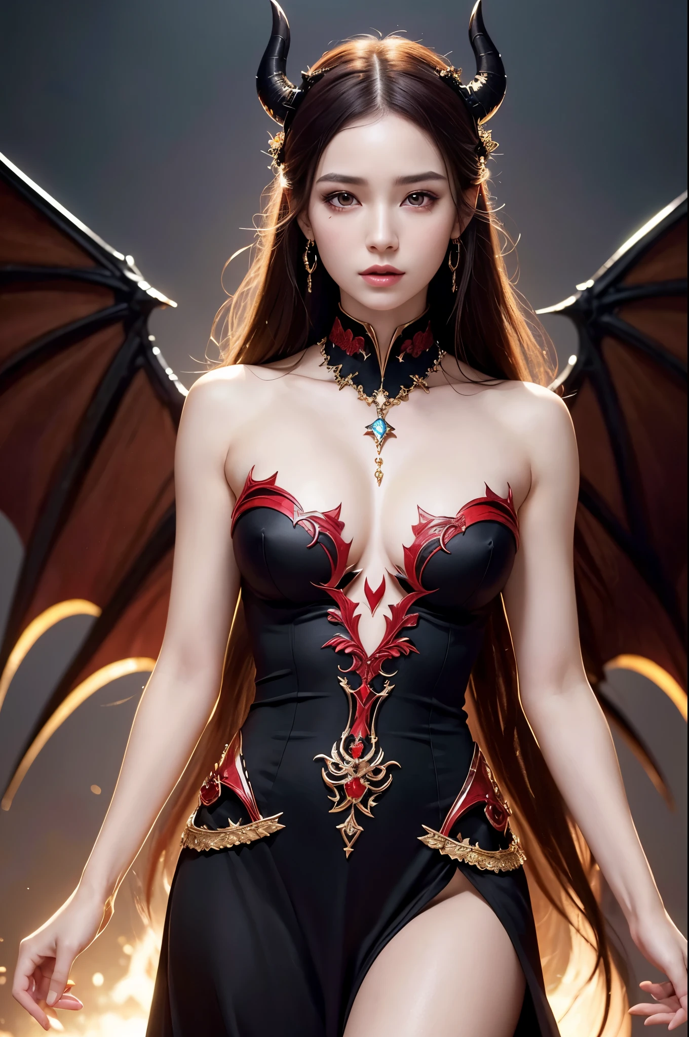 8K,Demon Empress,Sharp-toothed Empress,pointed ears,devil's horns,Super beautiful(like the real thing),Gorgeous black and long dress,Sexy adult empress,Devil makeup,red hair,Bat's wings on the back,perfect face,Perfect hand shape,pale skin,Sexy body line,Charm,Volume measurement,Body balance,ultra high resolution,super realistic skin,Digital single-lens reflex camera, soft lighting, high quality, highly detailed face, highly detailed eyes, highly detailed skin, skin, Scattered beneath the surface, highly detailed face, highly detailed eyes, beautiful expression, lip whole, detailed background, Depth of the bounds written, small breasts、volume lighting, sharp focus, absurd, realistic proportions, excellent anatomy, (realistic, 超realistic:1.4), 16K HDR, dawn,small breastsA high resolution,super realistic skin,super beautiful expression,fantasy art,character art,dynamic pose,golden eyes,red gem,necklace,earrings,Golden Choker,