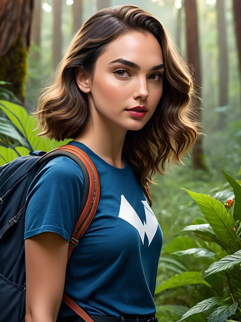 Waist-up shot, 20-year-old female with a European look blending the features of Gal Gadot and Maude Adams at 0.4 similarity ratio, casual attire with t-shirt, blue jeans, Nike sneakers, small backpack, engaged in midnight hiking at a wilderness camping ground replete with vivid and exotic flora, her face and hair captured with meticulous detail, sharp focus dominating the frame, styled as a professional portrait photo akin to a collaboration between WLOP and Thomas Ruppel