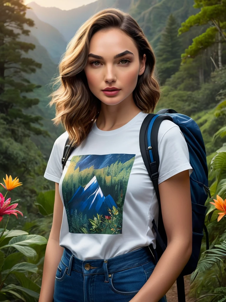 Waist-up shot, 20-year-old female with a European look blending the features of Gal Gadot and Maude Adams at 0.4 similarity ratio, casual attire with t-shirt, blue jeans, Nike sneakers, small backpack, engaged in midnight hiking at a wilderness camping ground replete with vivid and exotic flora, her face and hair captured with meticulous detail, sharp focus dominating the frame, styled as a professional portrait photo akin to a collaboration between WLOP and Thomas Ruppel
