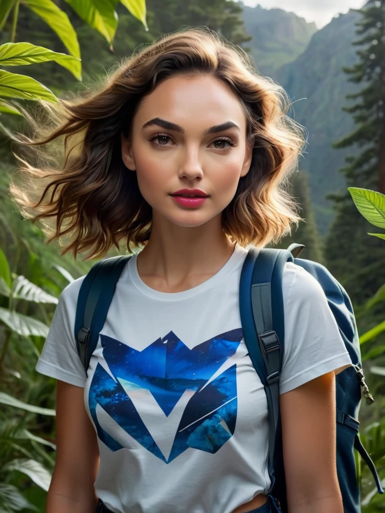 Waist-up shot, 20-year-old female with a European look blending the features of Gal Gadot and Maude Adams at 0.4 similarity ratio, casual attire with t-shirt, blue jeans, Nike sneakers, small backpack, engaged in midnight hiking at a wilderness camping ground replete with vivid and exotic flora, her face and hair captured with meticulous detail, sharp focus dominating the frame, styled as a professional portrait photo akin to a collaboration between WLOP and Thomas Ruppel