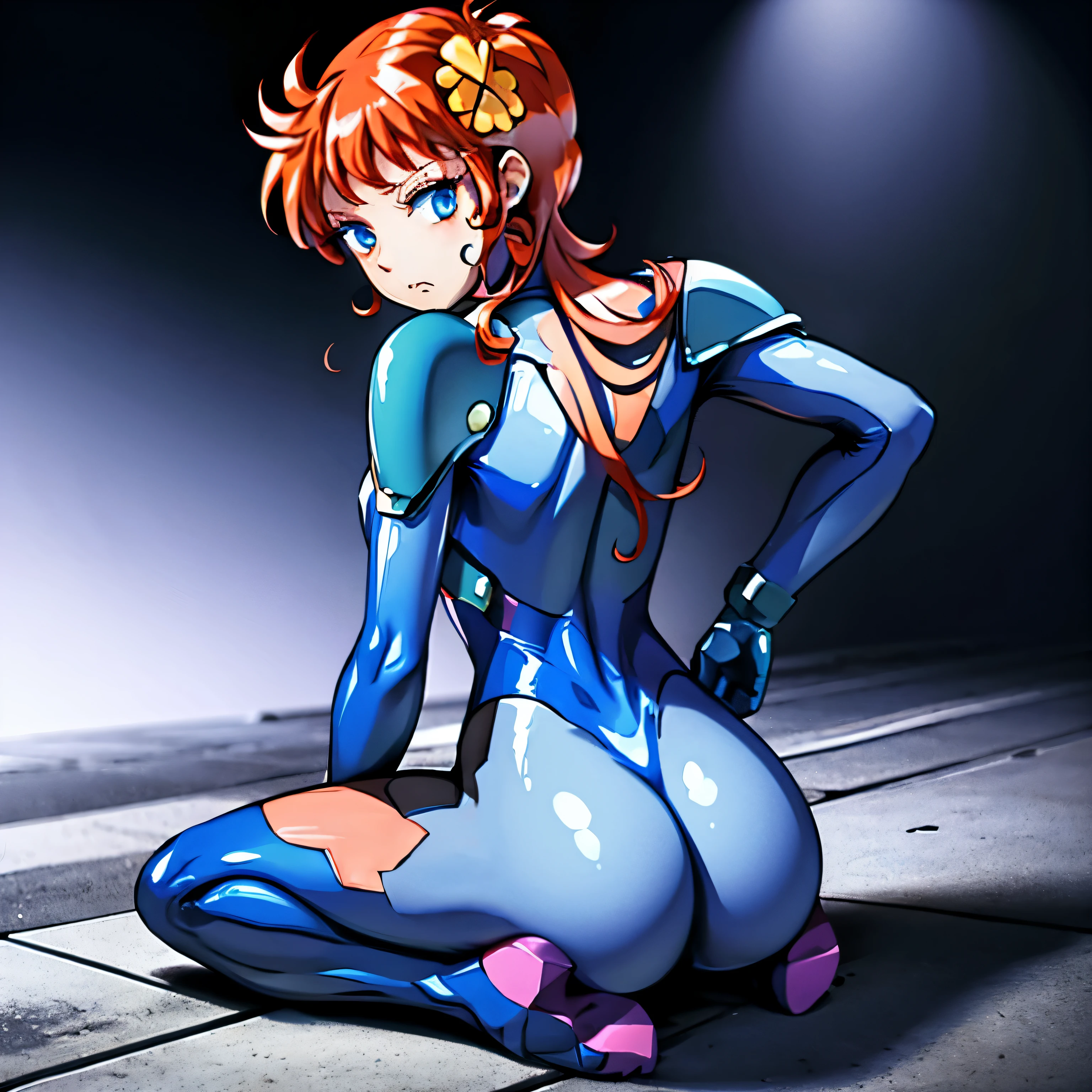 ultra-detailed, Explicit, Beautiful body, Beautiful Nose, Beautiful character design, perfect eyes, perfect face, ultra highres, 4K, beautiful legs, perfect legs, Nice hands, Perfect hand, Masterpiece, Best Quality, Highly detailed, illustration, absurdres, perfect anatomy, expressionless, blank eyes, emotionless,corruption, mind control, female combatant, full body, hypnotized, unhappy trance, full body suit, ribbed bodysuit, both arms at side, obey, perfect female body, looking at viewer, hypnosis, hypnoLora, empty eyes, Mind control device, poses, submissive_pose, Slave, sitting straight, sitting, Fighting Stance, standing at attention, numbersuit, two-tone bodysuit:0.9, blue bodysuit:0.9, light blue bodysuit:0.9, 1girl, solo, hair ornaments, megu, long hair, red hair, medium breast, blue eyes, flower hair, looking from back, view from back, from back, from behind, ass