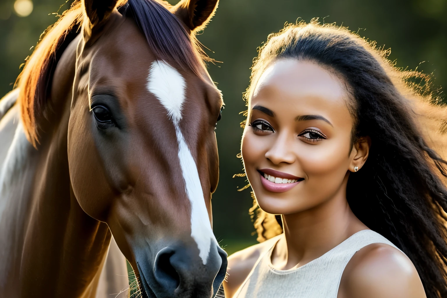 paint a picture bust: standing 40-year-old extremely beautiful naked mulatto with small lips and extremely fair complexion, daughter of a Somali mother, a Somali mother, but a very high forehead. Her slightly porous skin is a testimony of time, and her hair falling to her shoulders adds to her charm. A gray horse stands proudly next to her. Its fur shimmers in the sun, and its light gray fur contrasts with the woman's complexion. The woman's deep eyes attract attention, and the delicate smile on her lips adds magic to the entire scene.