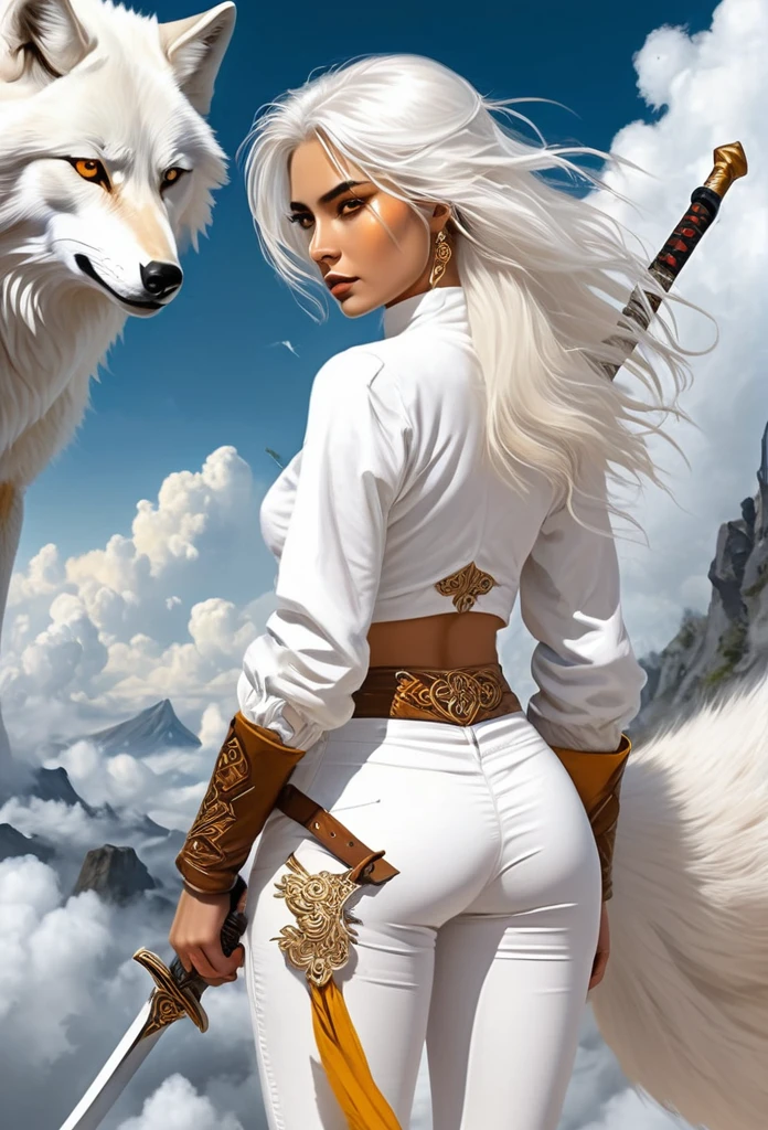 A whitewolf with golden brown eye with a lady with white hair and white trousers with long bobbootnd a fitted white slightly revealingbtop on its back .in the clouds .she has two swords with her .the wolf has a very golden designed beautiful tail.