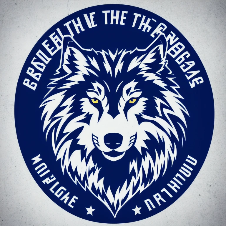 Logo with the words TEAM WOLVES, wolf line art logo, Black and dark blue background, bright blue, Minimal and solid — WOLVES