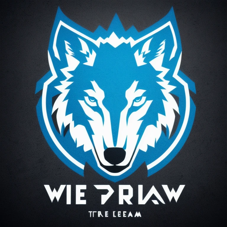 Logo with the words TEAM WOLVES, wolf line art logo, Black and dark blue background, bright blue, Minimal and solid — WOLVES