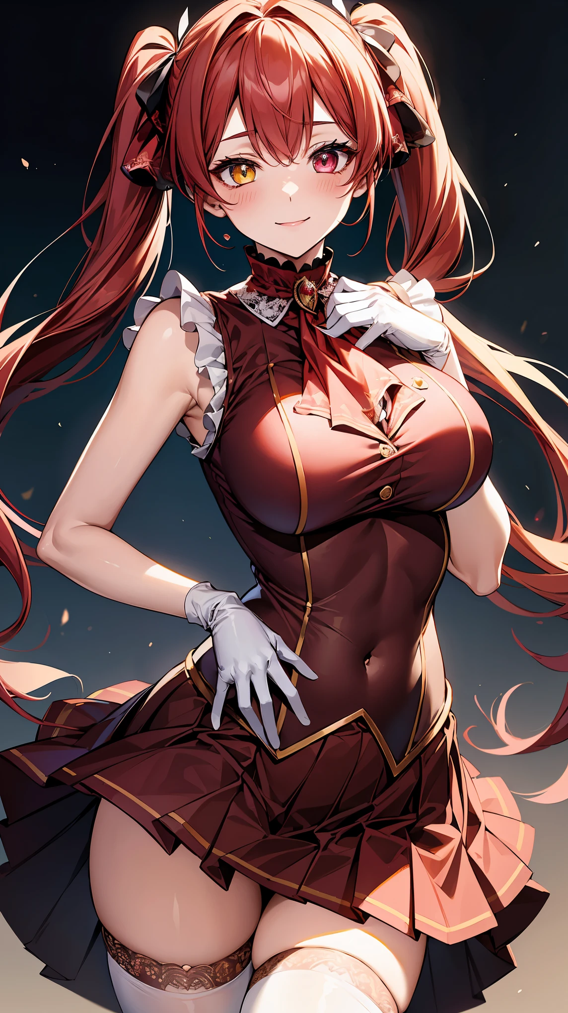an illustration of a young woman in tight fitting outfit holding a whip, 1girl, houshou marine, solo, virtual youtuber, breasts, twintails, red hair, heterochromia, thighhighs, red eyes, yellow eyes, skirt, white gloves, gloves, long hair, looking at viewer, hair ribbon, ribbon, white background, red skirt, smile, ascot, blush, large breasts, pleated skirt, covered navel, sleeveless, brooch, see-through, jewelry, red ribbon, cleavage, lace-trimmed legwear, red ascot