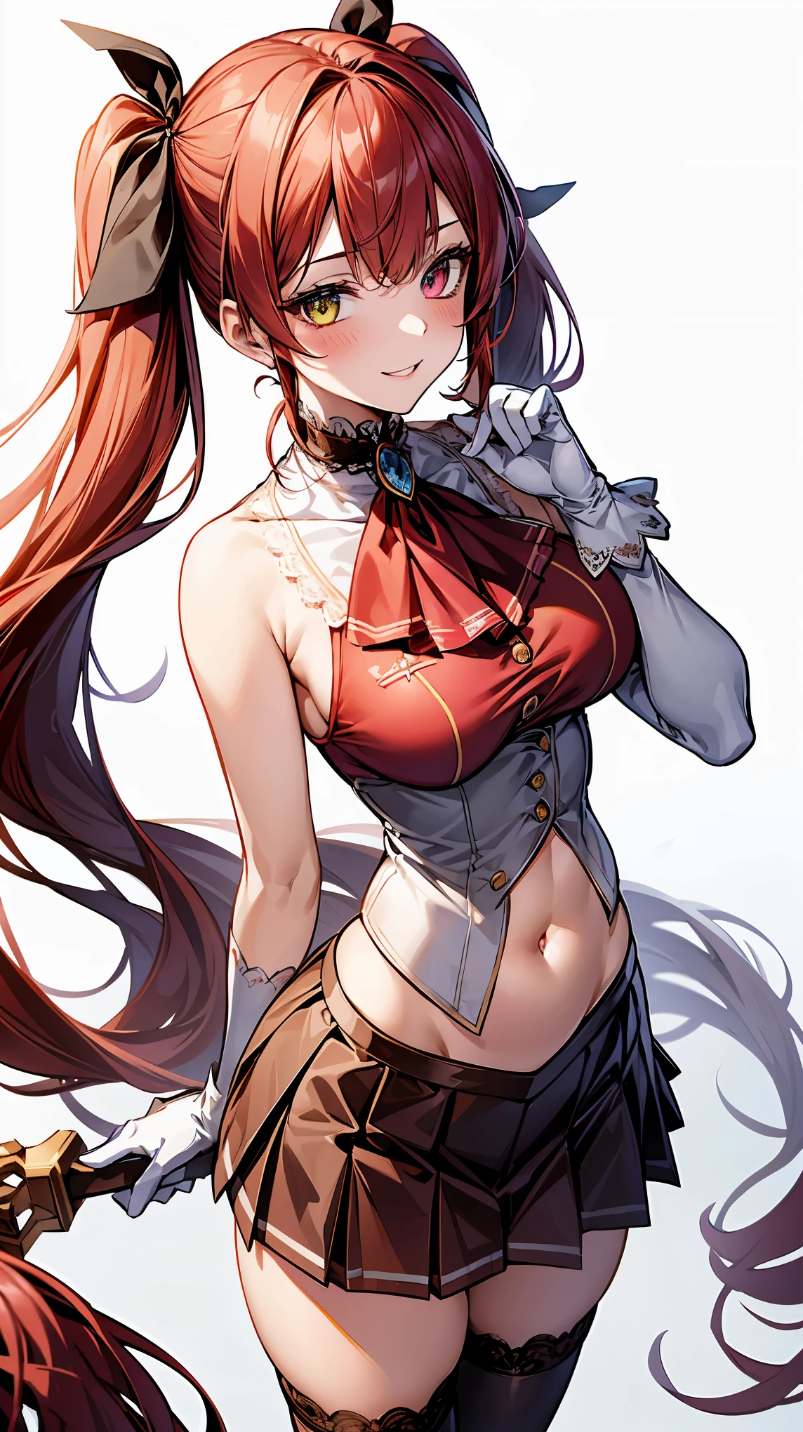 an illustration of a young woman in tight fitting outfit holding a whip, 1girl, houshou marine, solo, virtual youtuber, breasts, twintails, red hair, heterochromia, thighhighs, red eyes, yellow eyes, skirt, white gloves, gloves, long hair, looking at viewer, hair ribbon, ribbon, white background, red skirt, smile, ascot, blush, large breasts, pleated skirt, covered navel, sleeveless, brooch, see-through, jewelry, red ribbon, cleavage, lace-trimmed legwear, red ascot