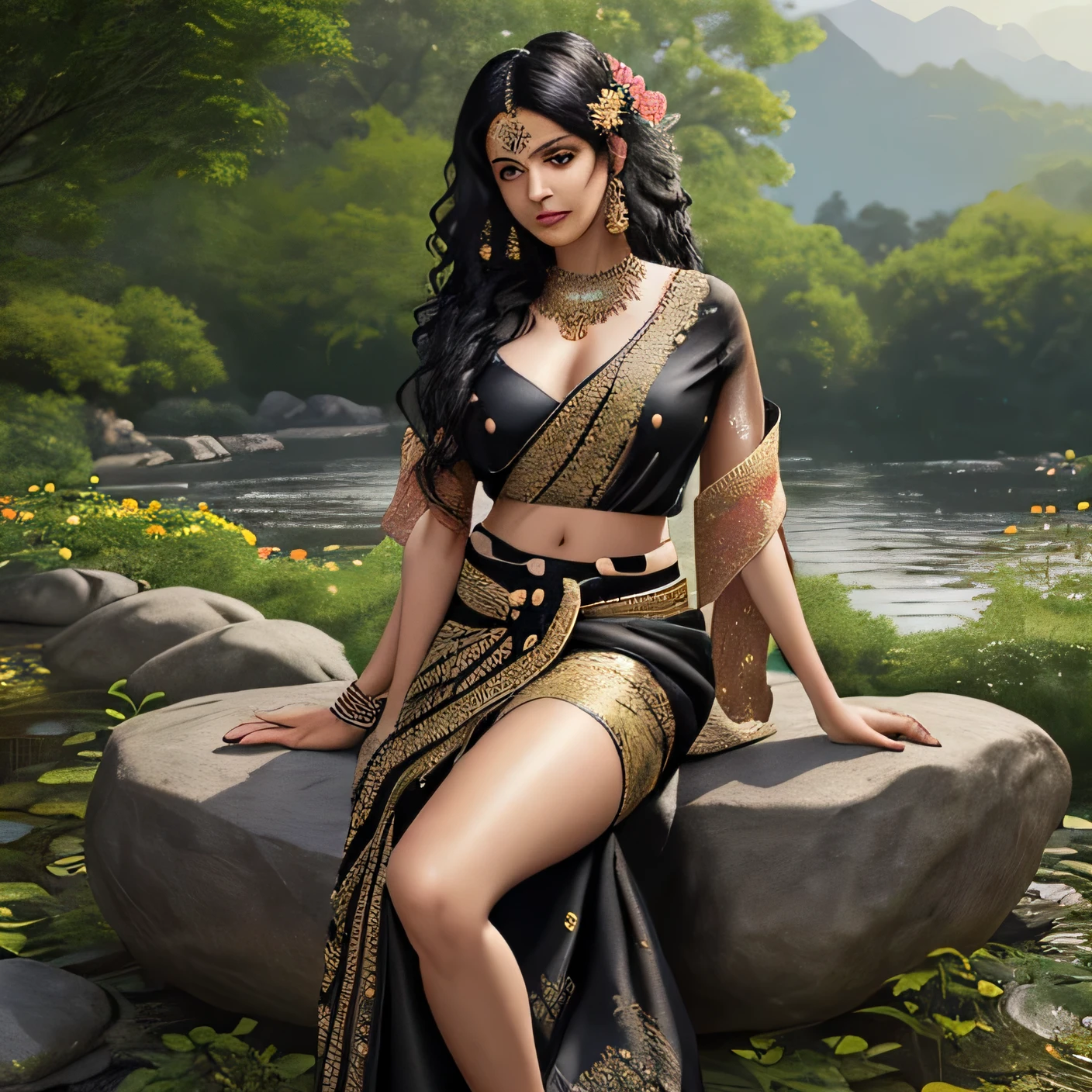 Beautiful girl, black wavy hair, wearing indian traditional dress, sitting on rock on a garden , beautiful flowers and tress in background, 8k, ultrarealistic, high details, high texture, waist, leg, thighs, jewelry on waist, seductive, sexy look,transparente saree and blouse