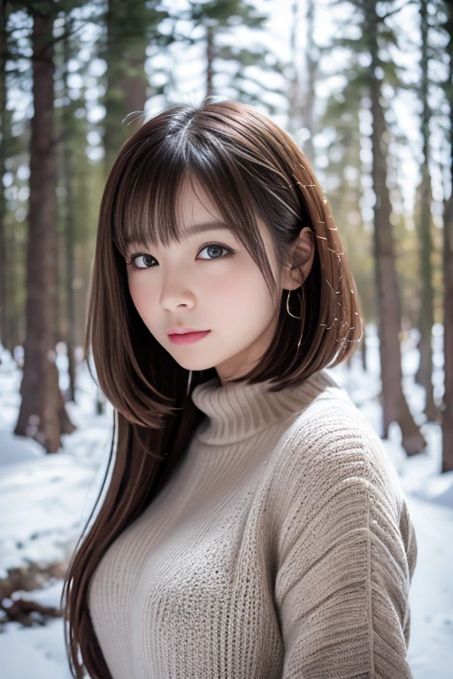 in the snowy forest, japanese girl, winter knit sweater, Yuki, eyes shine, brown short hair, big breasts, realistic portrait, Depth of the bounds written, f/1.8, anatomically correct, rough skin, Super detailed, advanced details, high quality, Super detailed, advanced details, high quality, 最high quality, High resolution