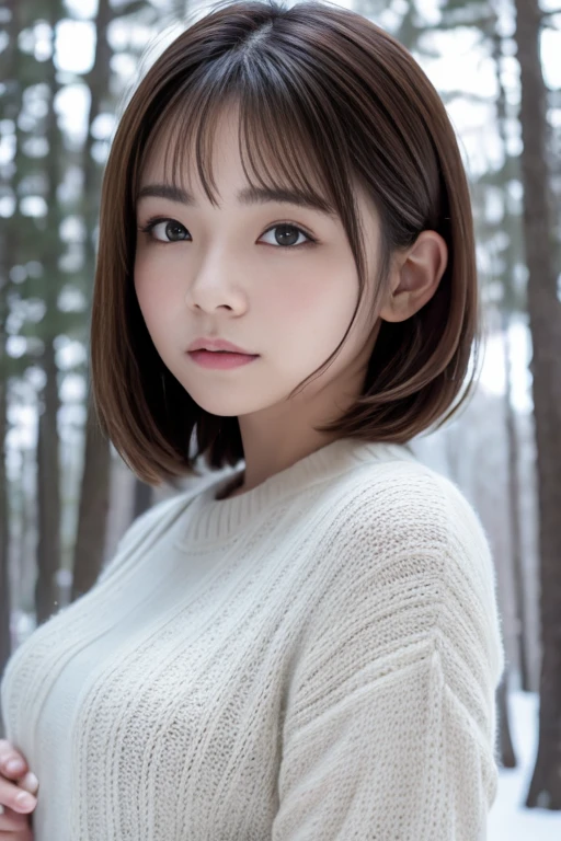 in the snowy forest, japanese girl, winter knit sweater, Yuki, eyes shine, brown short hair, big breasts, realistic portrait, Depth of the bounds written, f/1.8, anatomically correct, rough skin, Super detailed, advanced details, high quality, Super detailed, advanced details, high quality, 最high quality, High resolution