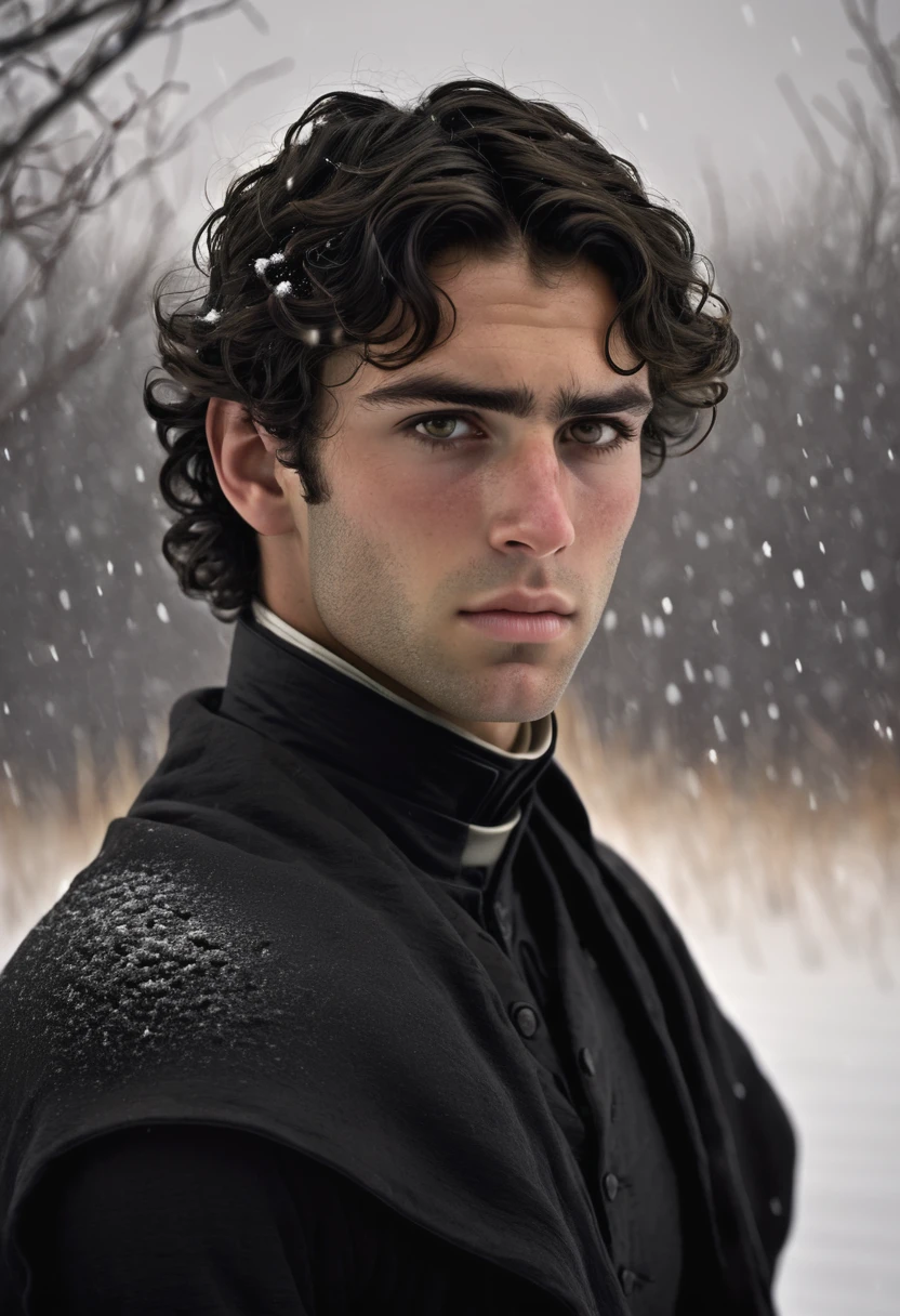 (highly detailed, soft light, photorealistic, dynamic light; cinematic); victorian era; 1820s; 24 years old man; Greek; 1820s Anglican priest; hazel-green eyes; incredibly attractive; dark and brooding; masculine yet beautiful; hooked Greek nose; helpless longing stare; confused expression; moody; Adonis; intense; sensual; amorous air; very attractive; lean figure; stubble; hazel-green eyes; thick strong dark-brown eyebrows; long full sideburns; 1820s black Anglican priest cassock and collar; 1820's warm priest's cape; short tousled dark-brown wavy hair in 1820s style; full luscious moist lips, parted; mouth slightly open; standing in Manitoba 1820's settlement during a snow storm; hazel-green eyes; looking at camera