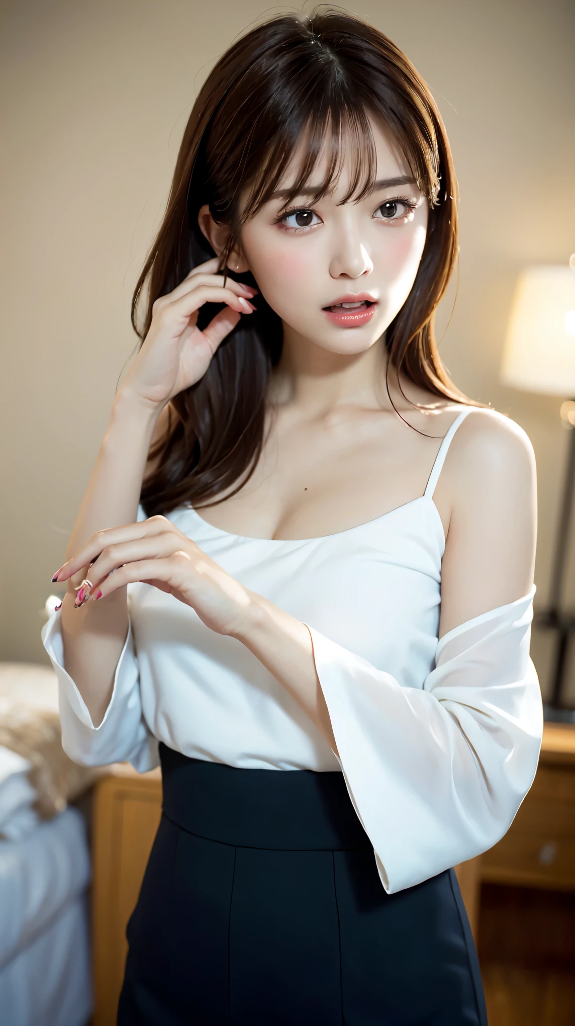 1 female, close up of face, Medium chest, light brown hair, dull bangs, hair behind the ear, shoulder hair, long hair, slender body shape, Extra-fine face, thin face, delicate lips, beautiful eyes, light blush, eyes are light brown, perfect shiny skin, perfect skin, Shining sweat,take a look here, ultra thin hands, extra thin fingers, Optimal ratio of 4 fingers and 1 thumb, (realistic:1.3), finger extension, see-through white blouse, The rotor is inside the vagina, ecstasy face, climax expression, View viewer, ((I can not stand it:1.5)), fujifilm, f/1.2, 8K, table top, nffsw, Super detailed, high quality, 最high quality, High resolution,