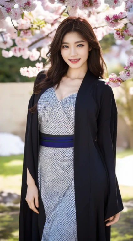 Cherry tree、Colorful kimono、open chest、I&#39;m not wearing anything inside、full body shot、NiziUAYAKA、 ４Ｋ、１people&#39;s women、slender、 Loose wavy styling 、seductive and attractive、Including face and skin texture.，detailed eyes、A soothing expression with a smile