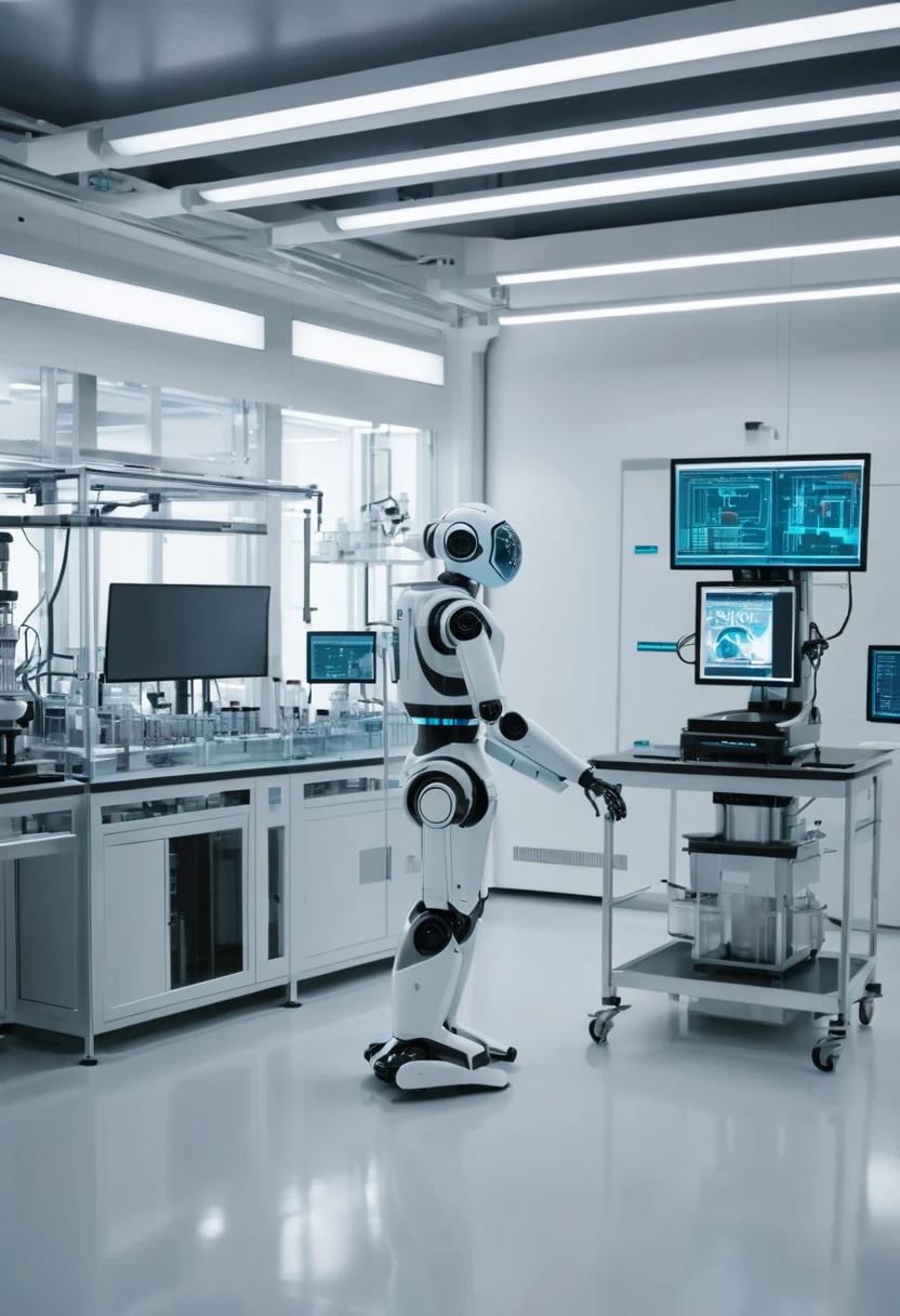  a laboratory with all modern machinery , The screens display data and advanced technology running, and a robot model that resembles a human (AI) placed on a table.