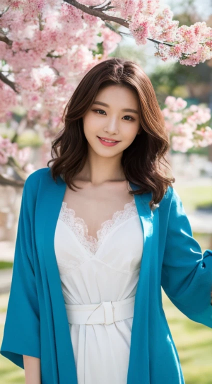 Cherry tree、Colorful kimono、open chest、I'm not wearing anything inside、full body shot、NiziUAYAKA、 4K、1people's women、slender、 Loose wavy styling 、seductive and attractive、Including face and skin texture.,detailed eyes、A soothing expression with a smile