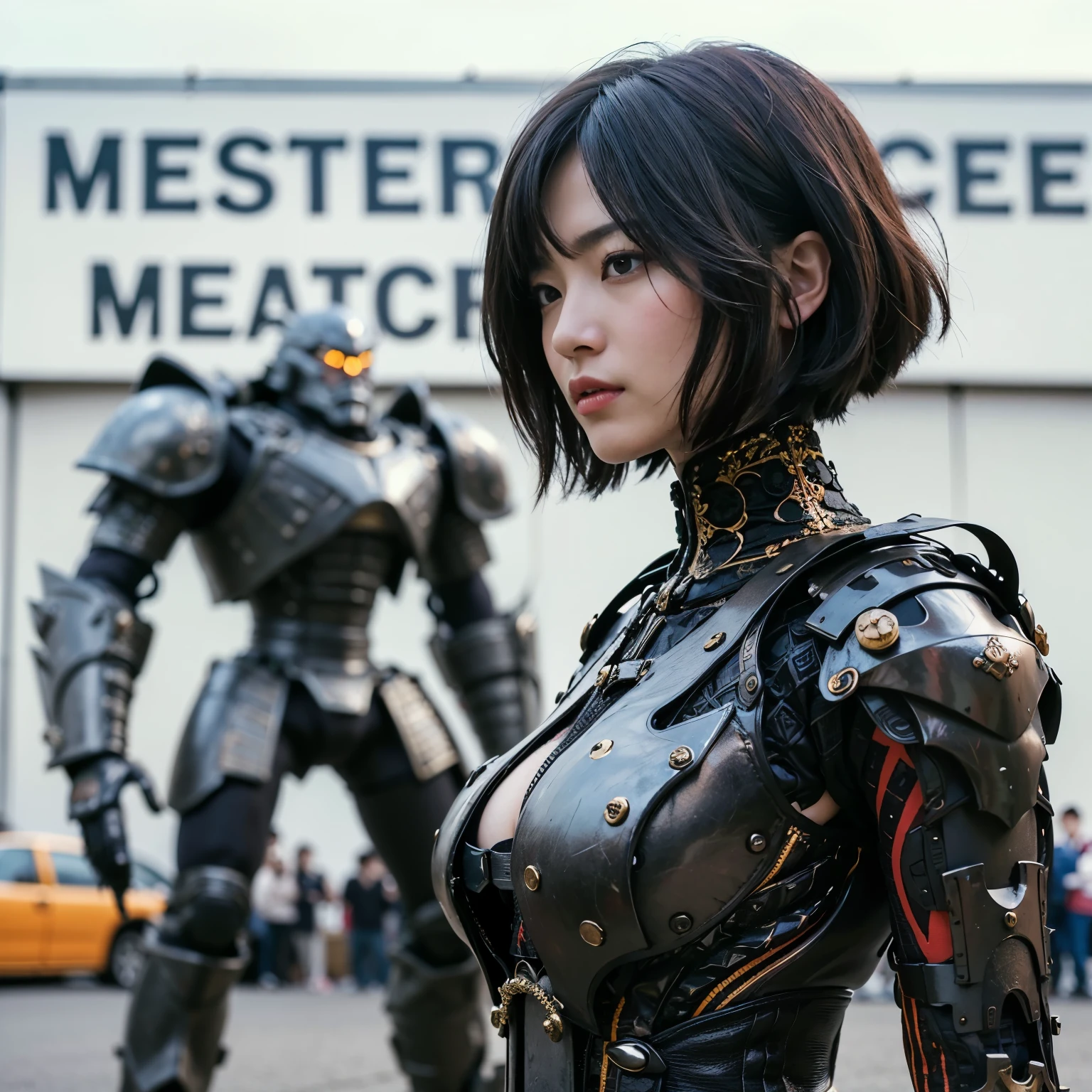 (best quality,highres,masterpiece:1.2),ultra-detailed,realistic,photorealistic:1.37,extremely cute girl, Japanese samurai,armored warrior,black hair,bowl cut,dynamic pose,traditional attire,heavy armor,sharp katana,fierce expression,vivid colors,strong shadows,studio lighting,fine details,authentic texture,Japan influence,serious gaze,warrior spirit,ornate armor,meticulous craftsmanship,noble stance,stoic face,martial arts expertise,ancient warrior,stoic demeanor,menacing presence,battle scene,vibrant red accents,dramatic composition,contrasting colors,graceful movement,majestic atmosphere,impressive background,glowing sunset,serene landscape.