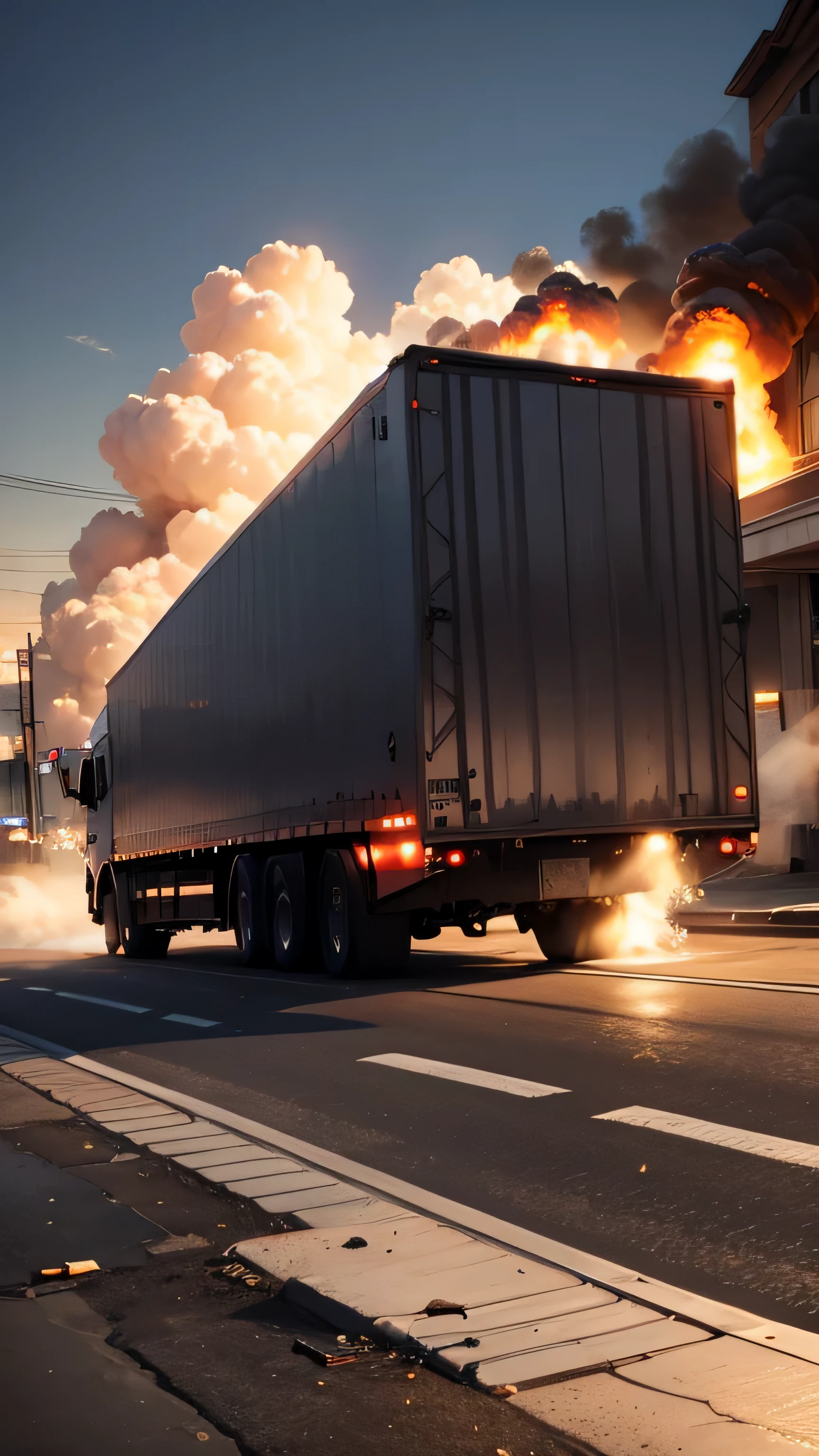 the truck carrying the bomb exploded, broken, destroyed, fire, explosion, smoke, 8k
